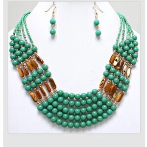 Green Bead Necklace Earrings Set Multi Strand Women Jewelry Set